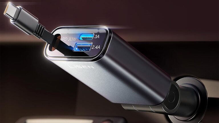 Grab a Lisen 3-Port 57W USB Car Charger with Retractable USB-C Cable for Just $10
