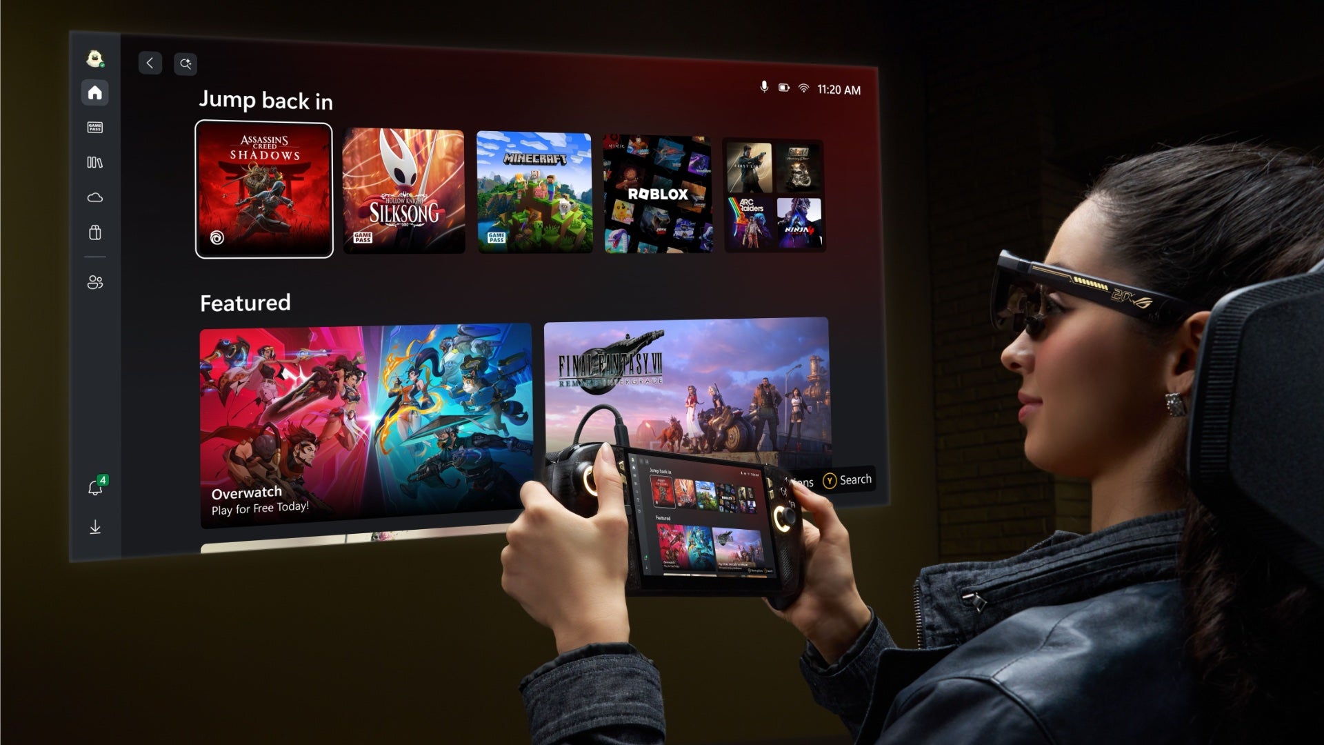 A person playing an Xbox Ally X20 while wearing the XREAL R1, with a virtual display floating in front of them.