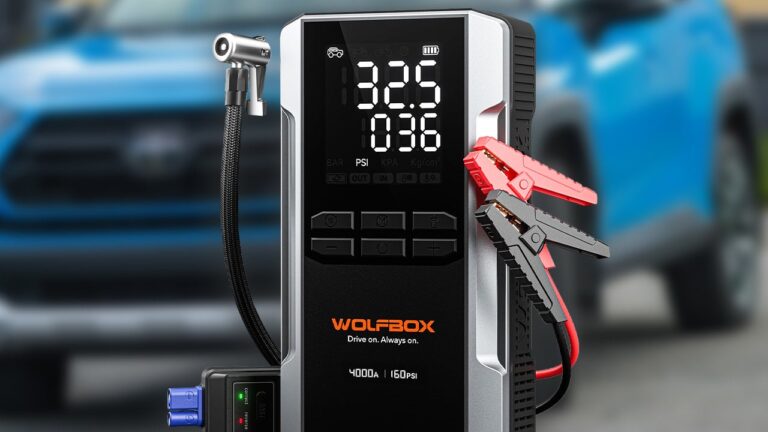 Save 60% the Wolfbox 4,000A Cordless Jump Starter, Tire Inflator, and 24,000mAh Power Bank in One